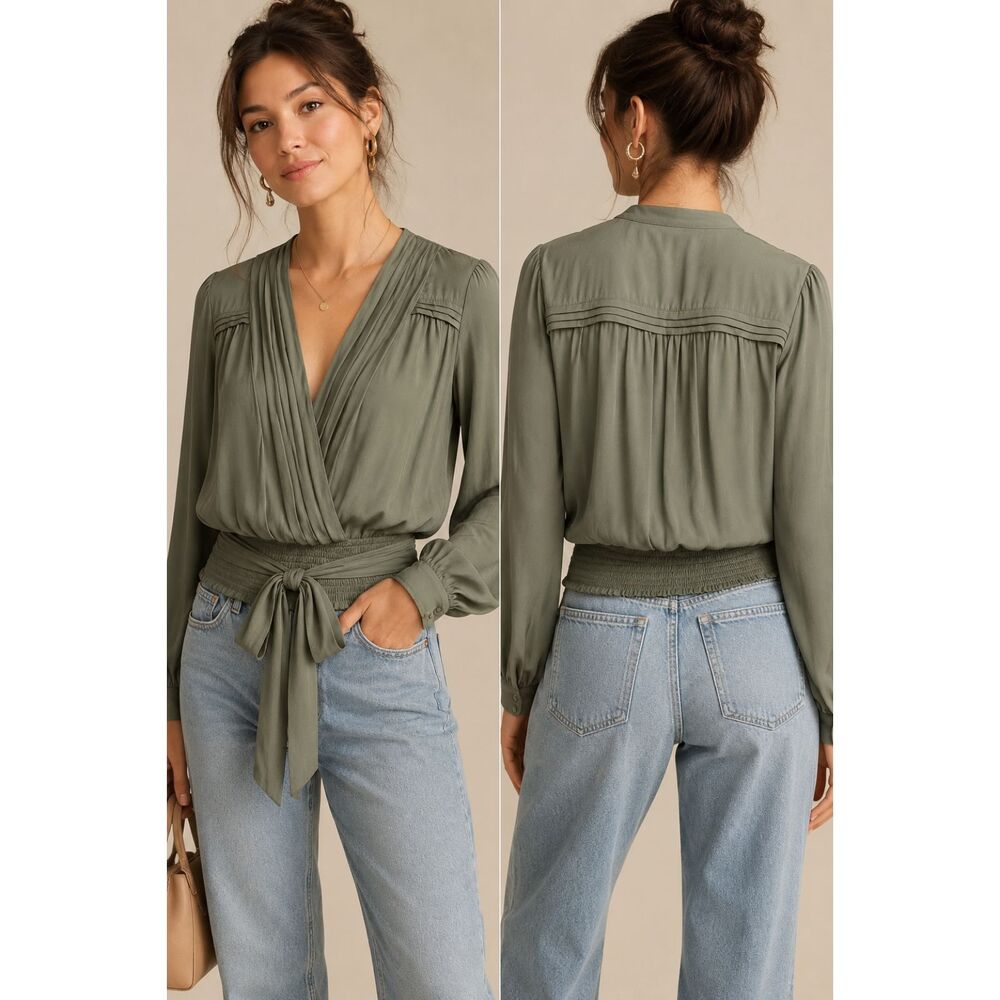 Anthropologie Olive Green Surplice Pintuck Smocked Waist Tie Top Romantic Boho